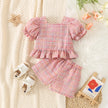 (0-3 Years Old) Summer Baby Girl Cotton Color Plaid Bubble Sleeve Top And Shorts Set Cute Princess Style Two-Piece Set For Girls