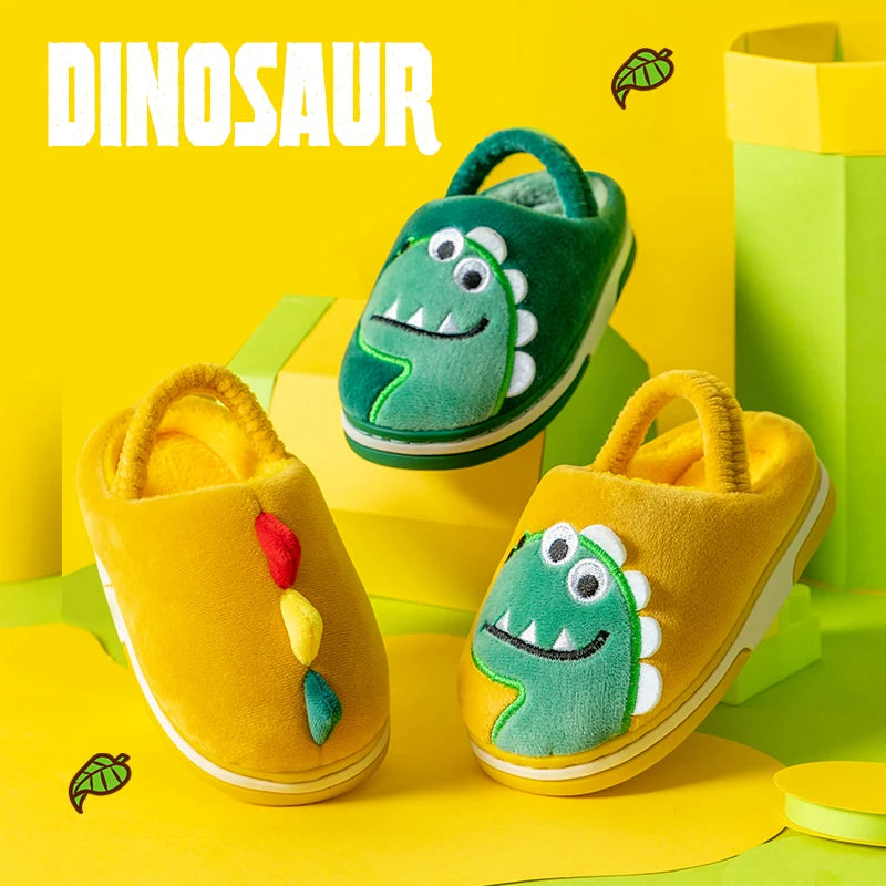 Boys Girls Winter Home Cotton Shoes Cartoon Dinosaur Embroidery Plush Slippers Back Wrap Soft Sole Non-slip Indoor Warm Shoes