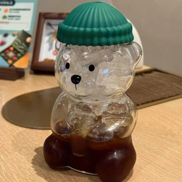 New glass bear cup with straw and lid, 20 oz high borosilicate glass, suitable for all beverages, can be used in microwave oven
