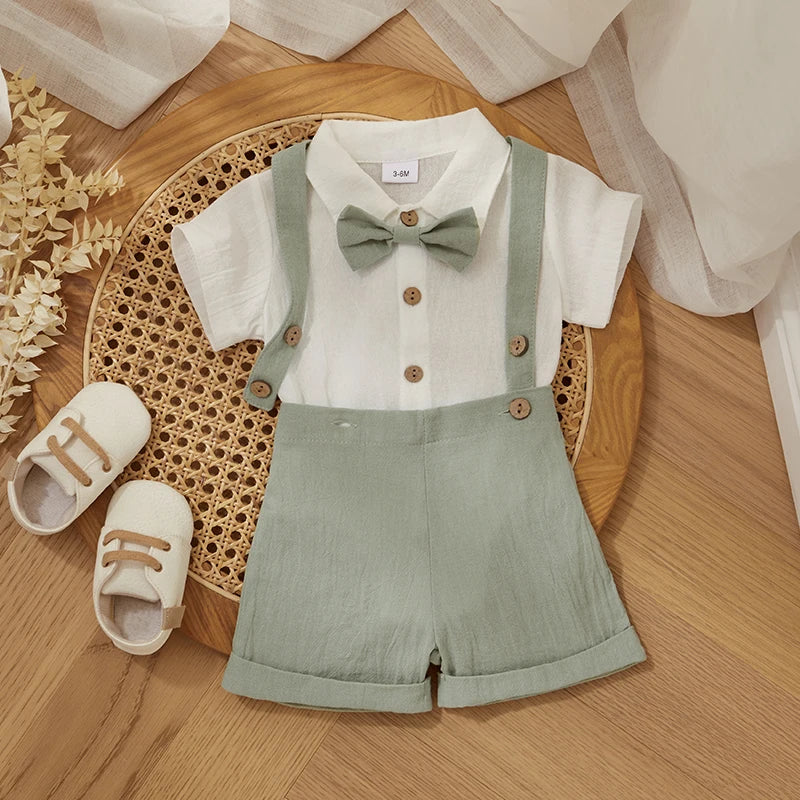 Fashion Summer Baby Boy Clothes Toddler Gentleman Outfits Short Sleeves Romper with Bow Tie Overalls Shorts Set for Formal Wear