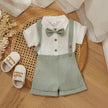 Fashion Summer Baby Boy Clothes Toddler Gentleman Outfits Short Sleeves Romper with Bow Tie Overalls Shorts Set for Formal Wear