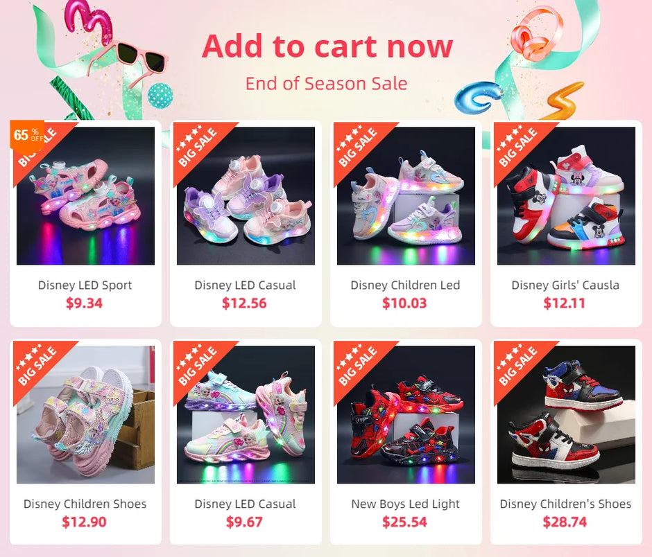 Disney Children Led Shoes Kids Girls Sneakers Frozen Elsa Princess Lighting Shoes Pink Purple Casual Sports Shoes Size 21-31