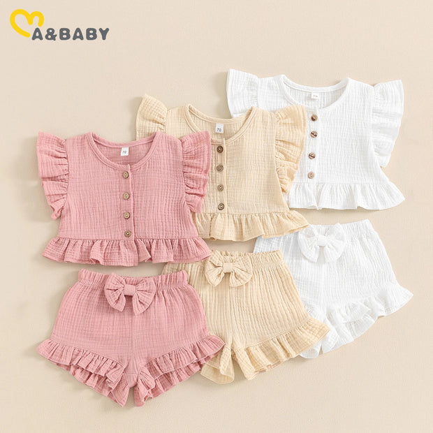 ma&baby 6M-4Y Toddler Infant Kid Baby Girl Clothes Sets Ruffle Button Tops Shorts Summer Casual Clothing Outfits