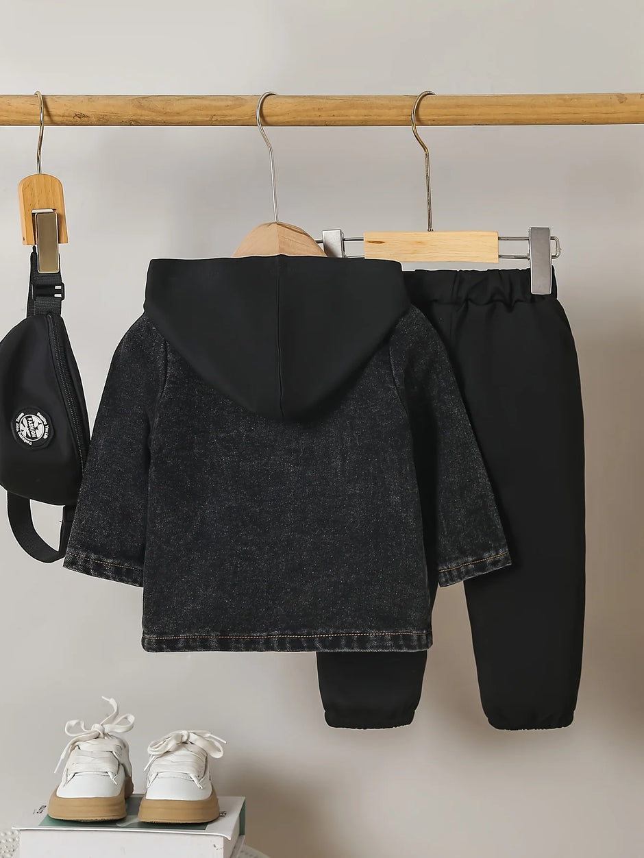 2-Piece Fall/Winter Baby Boy Trend Fashion Vintage Denim Jacket + Casual Sports Sweatpants 2 Casual Outing Suit