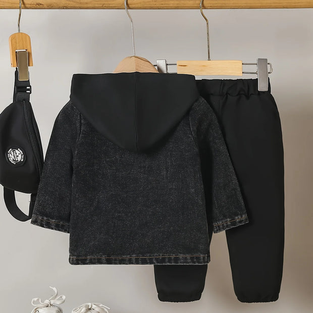 2-Piece Fall/Winter Baby Boy Trend Fashion Vintage Denim Jacket + Casual Sports Sweatpants 2 Casual Outing Suit