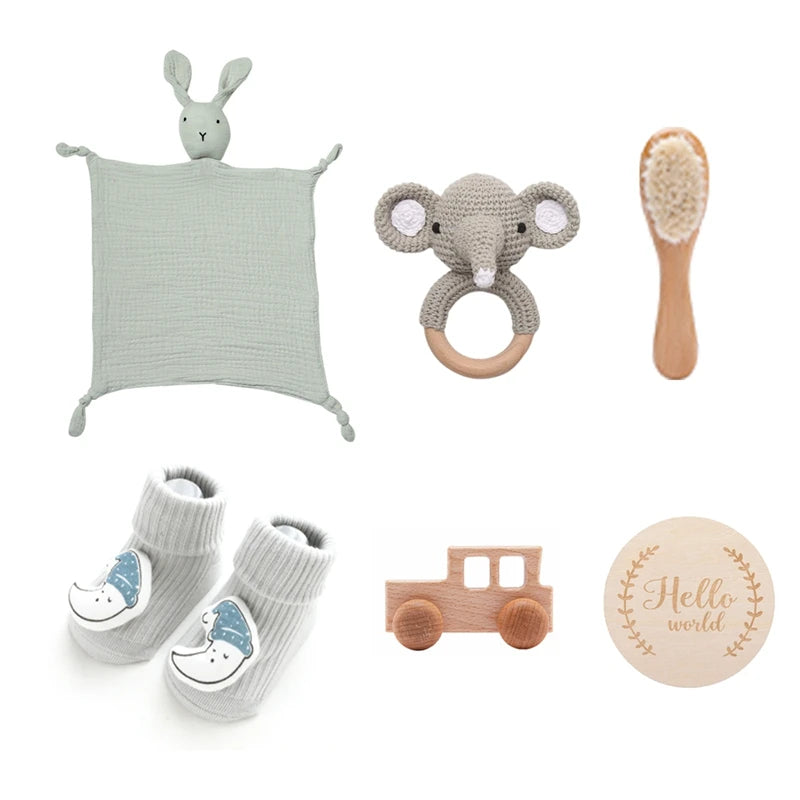 Let's Make Baby Bath Toy Set Double Sided Cotton Blankets Crochet Rattle Wooden Ring Infant Teether Bath Brush For Newborn Gift