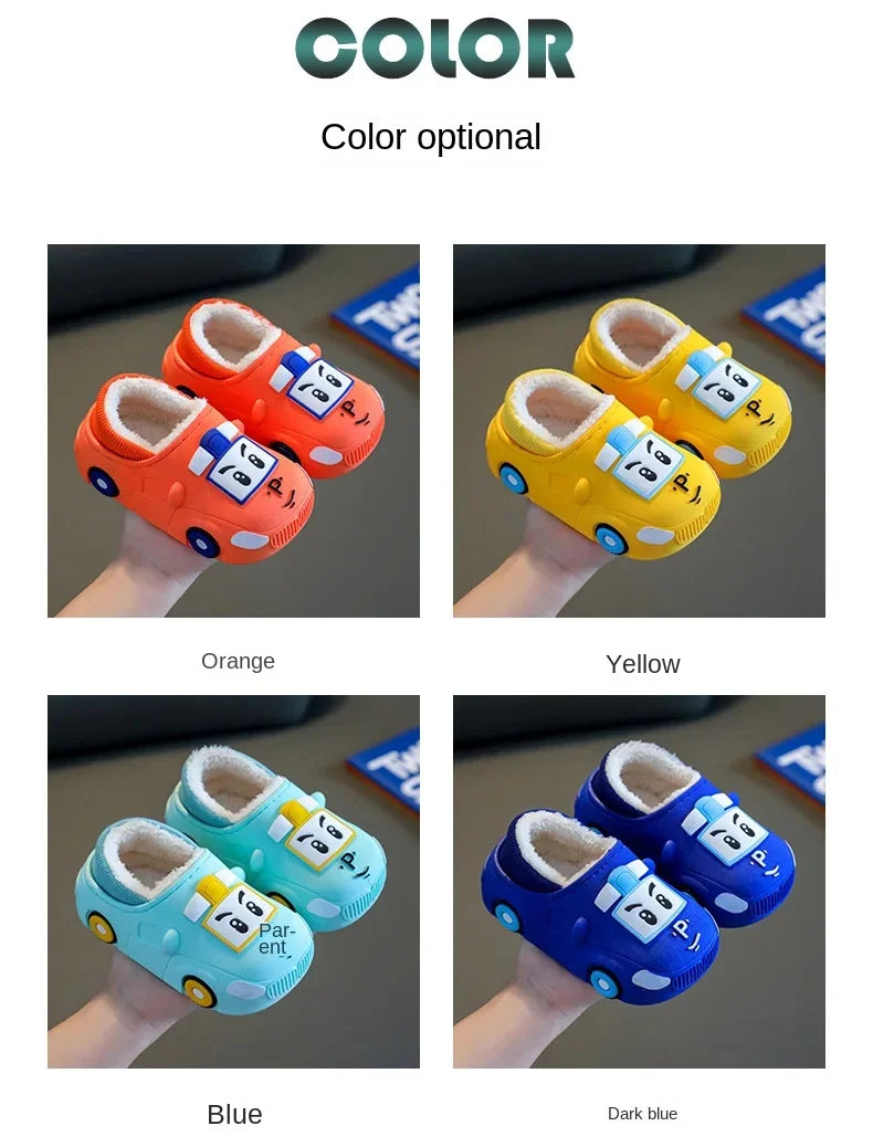 Cartoon Car Slippers Children Winter Warmer Plush Slides Babi Lovely Indoor Slippers Shoes Kids