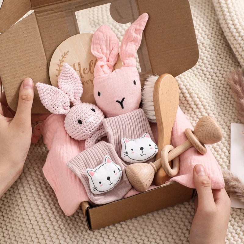 Let's Make Baby Bath Toy Set Double Sided Cotton Blankets Crochet Rattle Wooden Ring Infant Teether Bath Brush For Newborn Gift