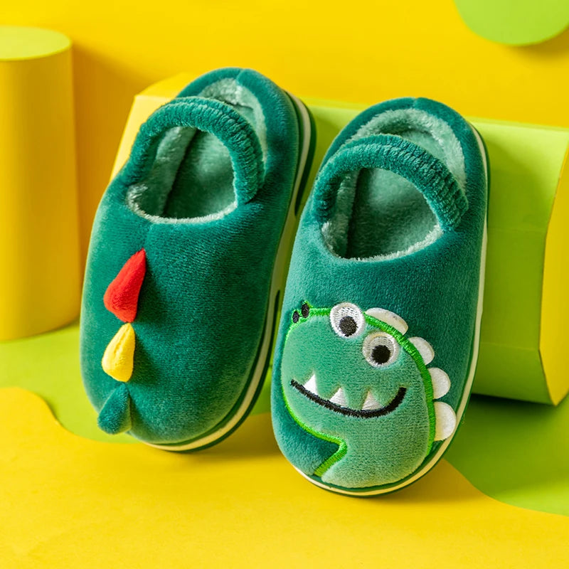 Boys Girls Winter Home Cotton Shoes Cartoon Dinosaur Embroidery Plush Slippers Back Wrap Soft Sole Non-slip Indoor Warm Shoes