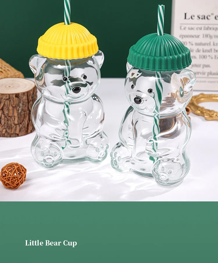 New glass bear cup with straw and lid, 20 oz high borosilicate glass, suitable for all beverages, can be used in microwave oven