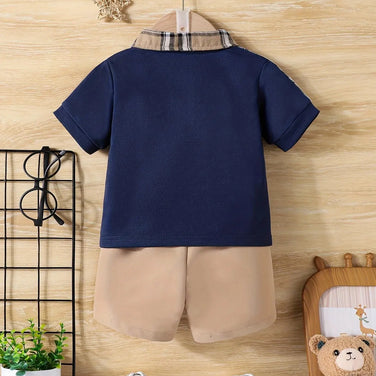 2-Piece Baby Boy Summer School Plaid Collared Short Sleeve Top + Casual Shorts New Fashion Casual Comfort Sports Suit