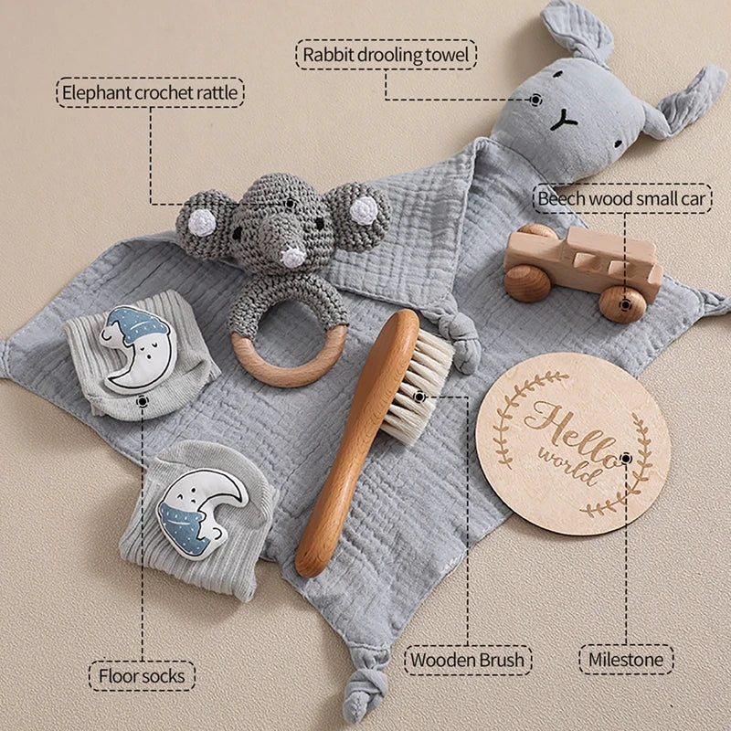 Let's Make Baby Bath Toy Set Double Sided Cotton Blankets Crochet Rattle Wooden Ring Infant Teether Bath Brush For Newborn Gift