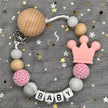 NEW Custom Personalized Name Pacifier Clip Handmade Beech Wooden Chain Silicone Crown Holder Soother Baby Teething Toy Chew Gift