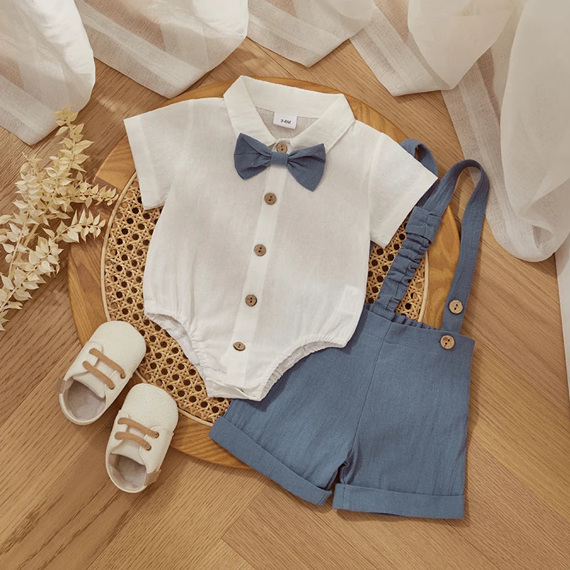 Fashion Summer Baby Boy Clothes Toddler Gentleman Outfits Short Sleeves Romper with Bow Tie Overalls Shorts Set for Formal Wear