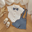 Fashion Summer Baby Boy Clothes Toddler Gentleman Outfits Short Sleeves Romper with Bow Tie Overalls Shorts Set for Formal Wear
