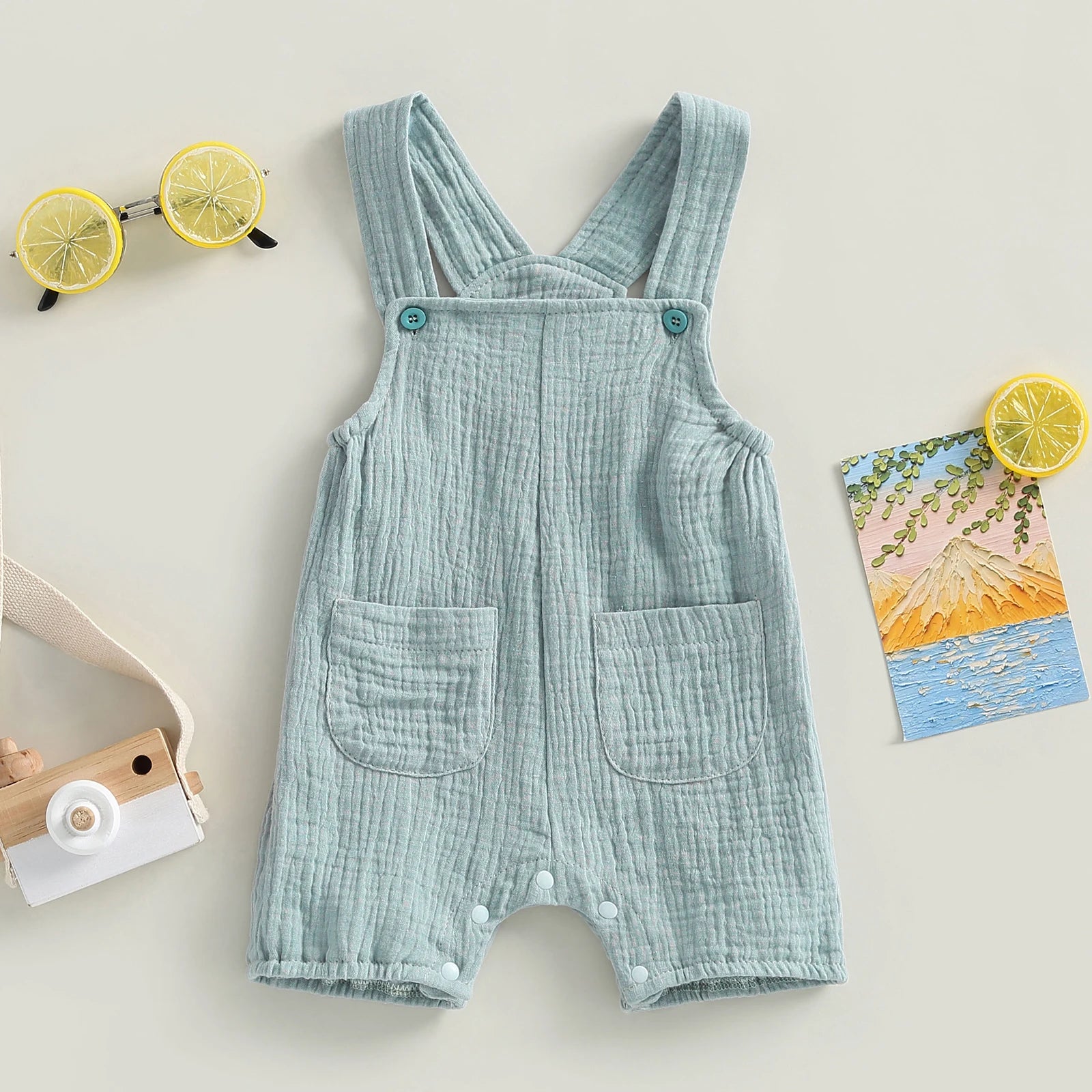 pudcoco Baby Summer Suspenders Jumpsuit Solid Color Sleeveless Romper with Pockets for Newborn Infant Boy Girls