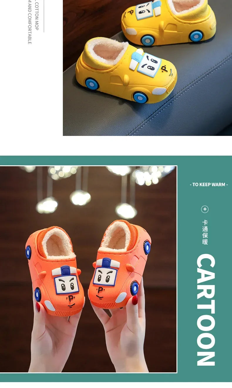 Cartoon Car Slippers Children Winter Warmer Plush Slides Babi Lovely Indoor Slippers Shoes Kids