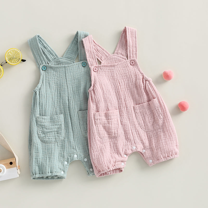 pudcoco Baby Summer Suspenders Jumpsuit Solid Color Sleeveless Romper with Pockets for Newborn Infant Boy Girls