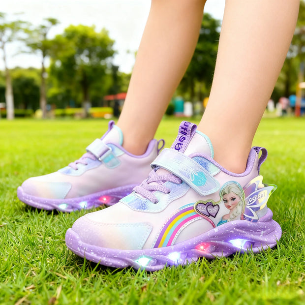 Disney Girls' Casual Shoes Led Lights Mesh Breathable Children's Sports  Princess Elsa Pink Purple Shoes Sneakers Size 22-35