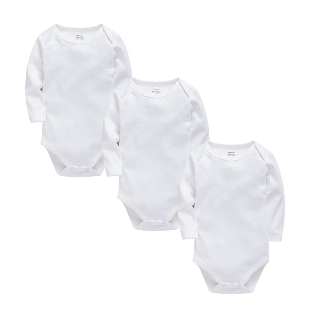 ملابس أطفال بيضاء سادة، ملابس قطنية بأكمام طويلة، بدلة أطفال للأولاد والبنات حديثي الولادة، من عمر 0 ​​إلى 24 شهرًا