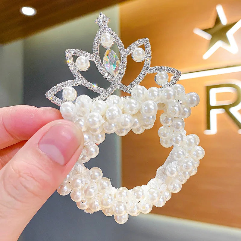1PCS New Fashion Pearl Crown Princess Cute Kids Elastic Children Ties Girls Hair Accessories Baby Headwear