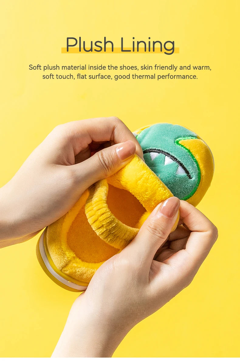Boys Girls Winter Home Cotton Shoes Cartoon Dinosaur Embroidery Plush Slippers Back Wrap Soft Sole Non-slip Indoor Warm Shoes