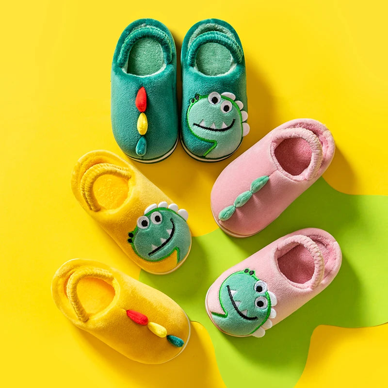 Boys Girls Winter Home Cotton Shoes Cartoon Dinosaur Embroidery Plush Slippers Back Wrap Soft Sole Non-slip Indoor Warm Shoes