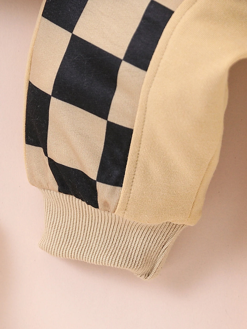 2-piece set of fashionable and casual round neck patchwork plaid long sleeved hoodie and pants for baby boys, autumn and winter