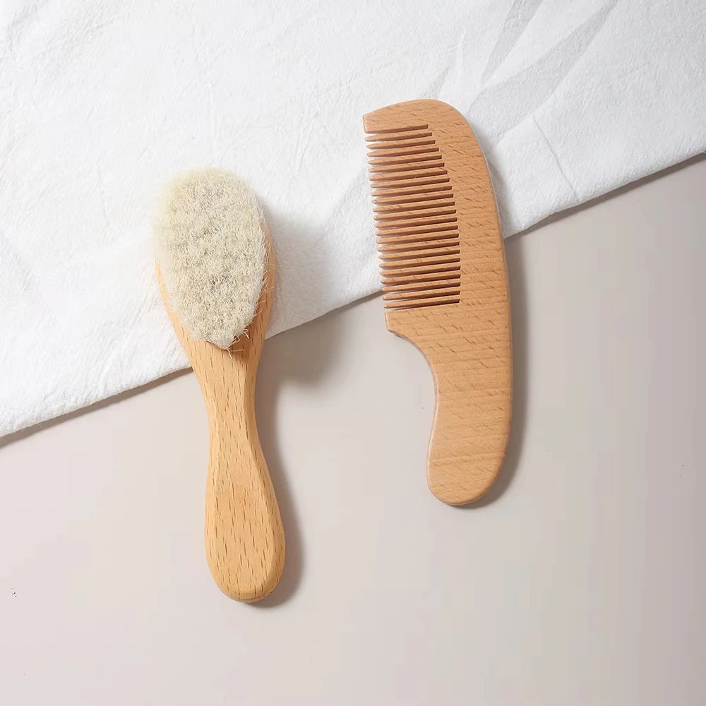 2pcs Baby Comb Set Baby Care Hair Brush Beech Soft Wool Wood Comb Newborn Massager Baby Shower And Gift Baby Hair Soothing