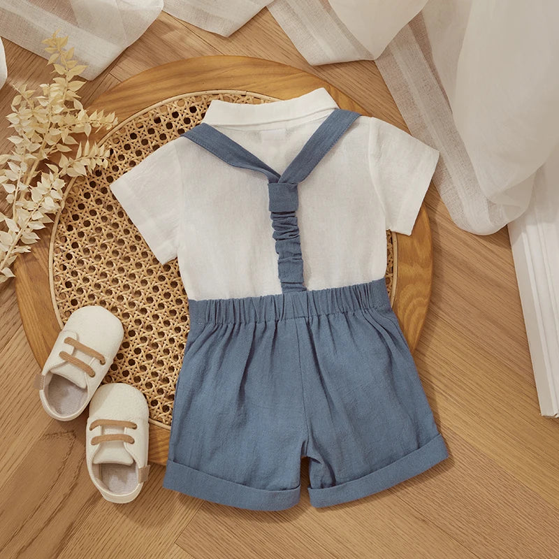Fashion Summer Baby Boy Clothes Toddler Gentleman Outfits Short Sleeves Romper with Bow Tie Overalls Shorts Set for Formal Wear