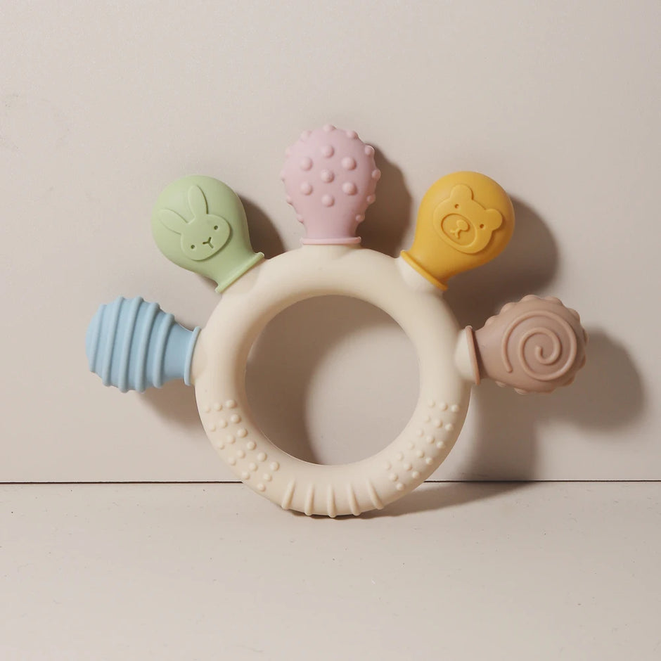 New hand multicolor Silicone Baby Ring Teether Anxiety Teething Toys 0-12 Months Chew Beads Sensory Gum Relief Soother Baby