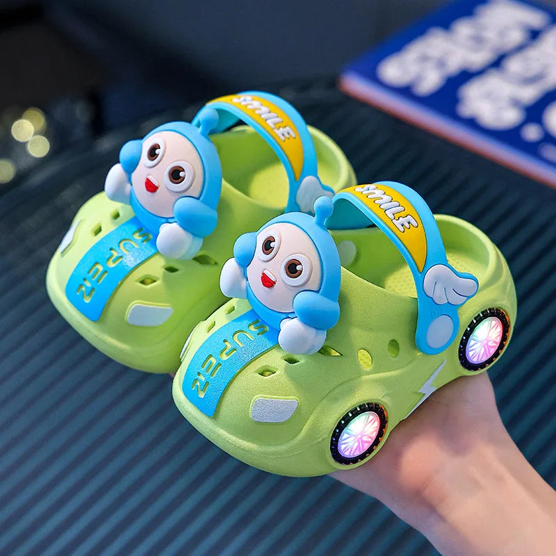 Children's Flashing Light Hole Shoes, Anti Slip Soft Soled Toe Cap Slippers, Cartoon Car Illuminated Slippers for Boys and Girls