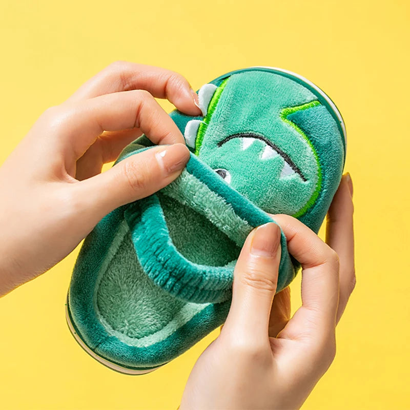 Boys Girls Winter Home Cotton Shoes Cartoon Dinosaur Embroidery Plush Slippers Back Wrap Soft Sole Non-slip Indoor Warm Shoes