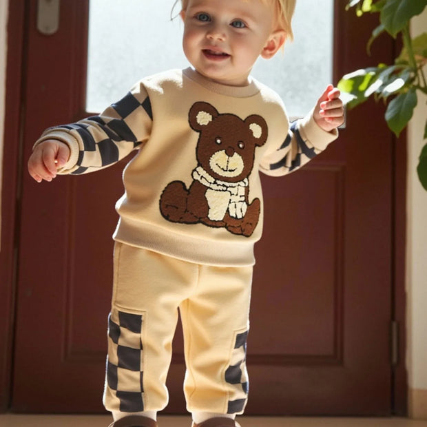 2-piece set of fashionable and casual round neck patchwork plaid long sleeved hoodie and pants for baby boys, autumn and winter
