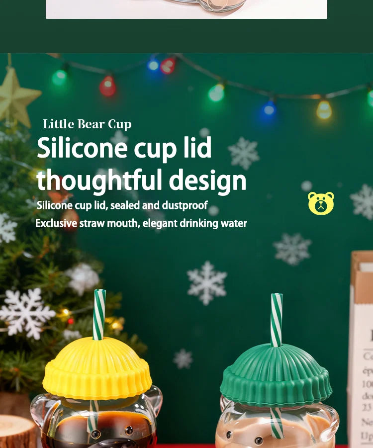 New glass bear cup with straw and lid, 20 oz high borosilicate glass, suitable for all beverages, can be used in microwave oven