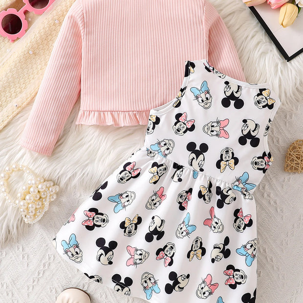 Disney Minnie and Daisy 2Pcs Spring, Autumn, and Winter Baby Girl Dress Set Baby Knitted Button Skirt Cardigan Long Sleeve Jacket + Cartoon Minnie and Daisy All-Over Print Bow Decoration Waist-Tie Dress Children's Everyday Ve