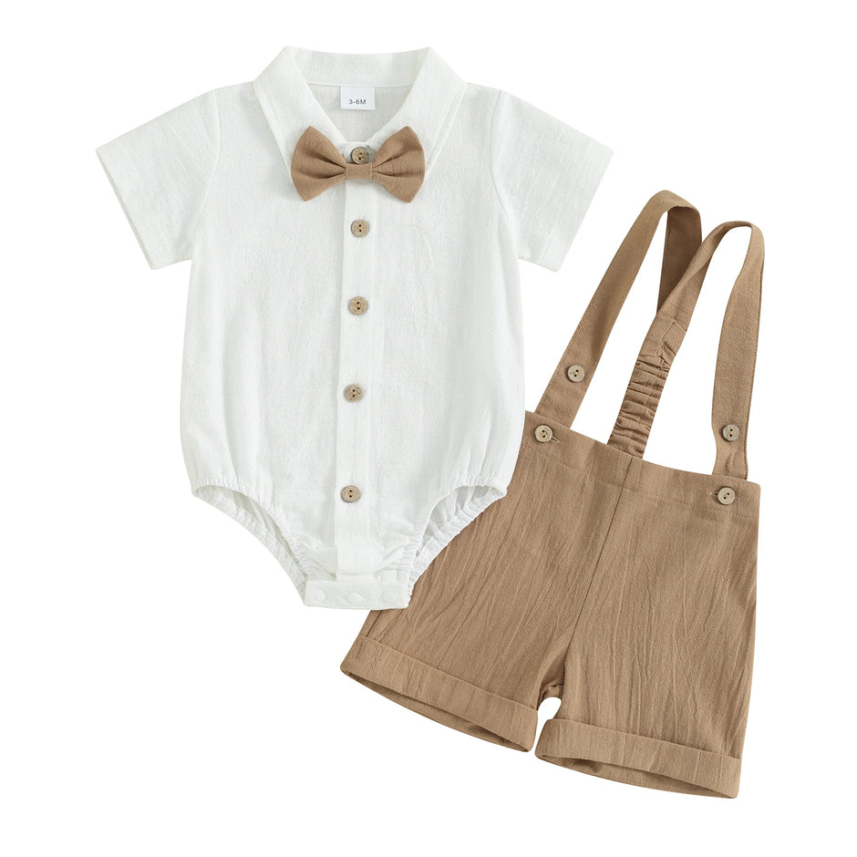 Fashion Summer Baby Boy Clothes Toddler Gentleman Outfits Short Sleeves Romper with Bow Tie Overalls Shorts Set for Formal Wear