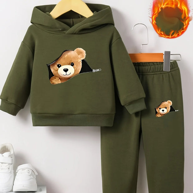 Newborn Baby Boy Fun Cartoon Bear Print Long Sleeve Fleece Sweatshirt with Casual Sports Pants Set Spring Autumn Gift