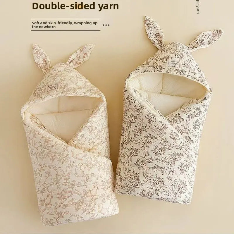 High Quality Cotton Newborn Swaddle Blanket with Cute Bunny Ears Hospital Delivery Wrap Extra Soft Thermal Baby Swaddling New