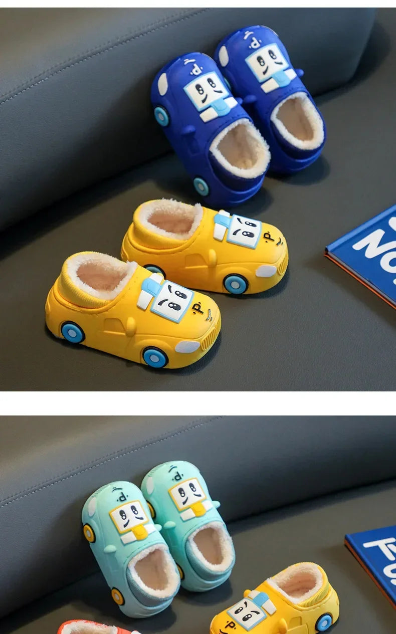 Cartoon Car Slippers Children Winter Warmer Plush Slides Babi Lovely Indoor Slippers Shoes Kids