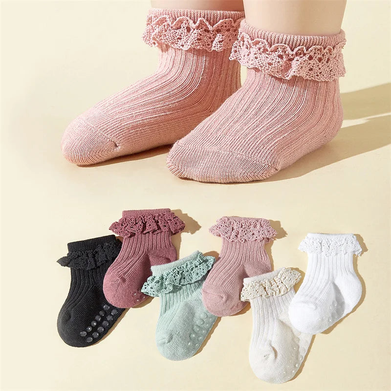 6Pairs/Lot Newborn Baby Floor Socks For Girls Cotton Toddler Sweet Lace Infant Home Toddler Socks Non-slip 0-3Y Spring Autumn