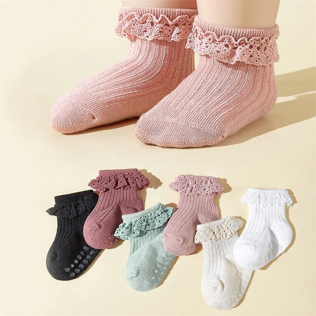 6Pairs/Lot Newborn Baby Floor Socks For Girls Cotton Toddler Sweet Lace Infant Home Toddler Socks Non-slip 0-3Y Spring Autumn