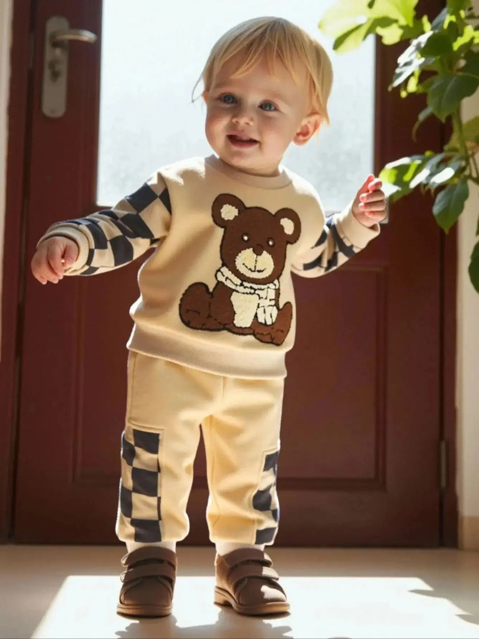 2-piece set of fashionable and casual round neck patchwork plaid long sleeved hoodie and pants for baby boys, autumn and winter