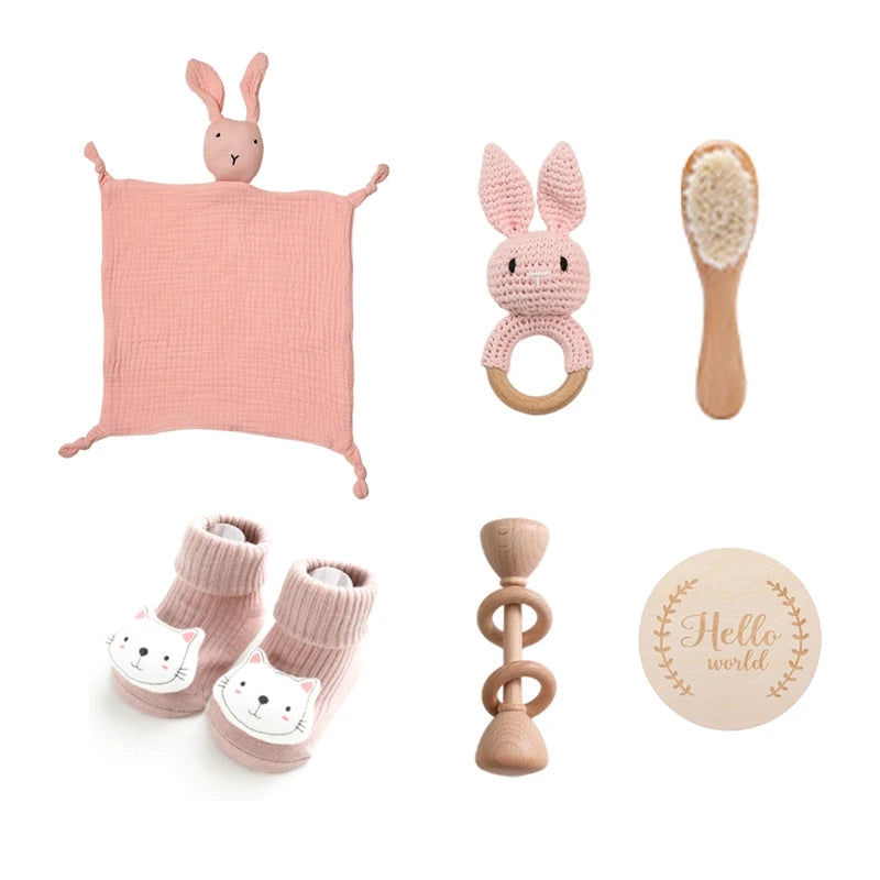 Let's Make Baby Bath Toy Set Double Sided Cotton Blankets Crochet Rattle Wooden Ring Infant Teether Bath Brush For Newborn Gift