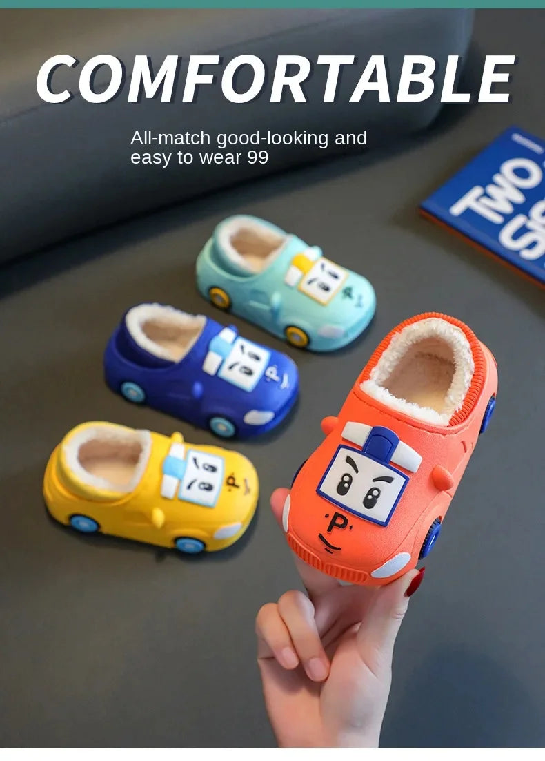 Cartoon Car Slippers Children Winter Warmer Plush Slides Babi Lovely Indoor Slippers Shoes Kids