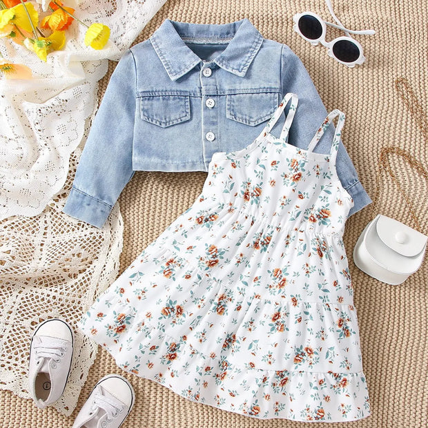 3pieces Four Seasons Leisure Travel Vacation Comfortable Denim Long Sleeve + Floral Dress Set With Halter Sweet Fashion
