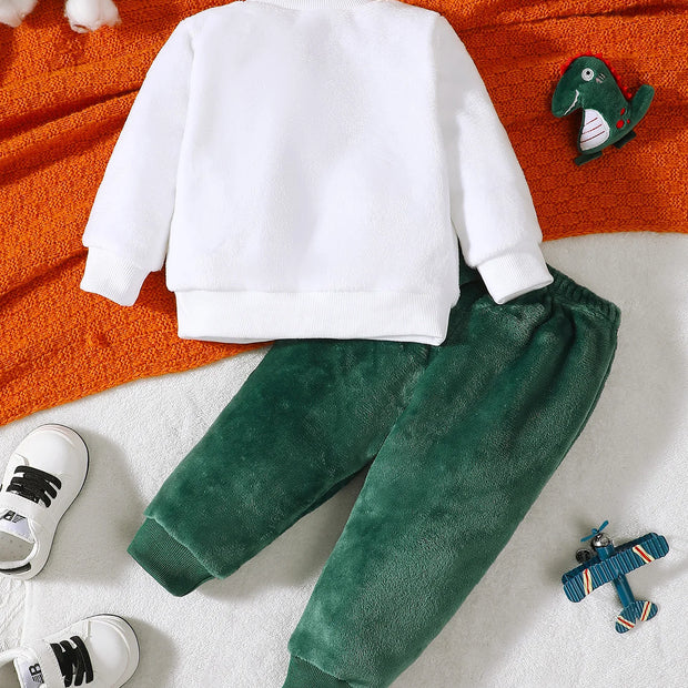 Baby Boy Autumn And Winter Cartoon Dinosaur Embroidery Hoodie Plush Two-piece Set