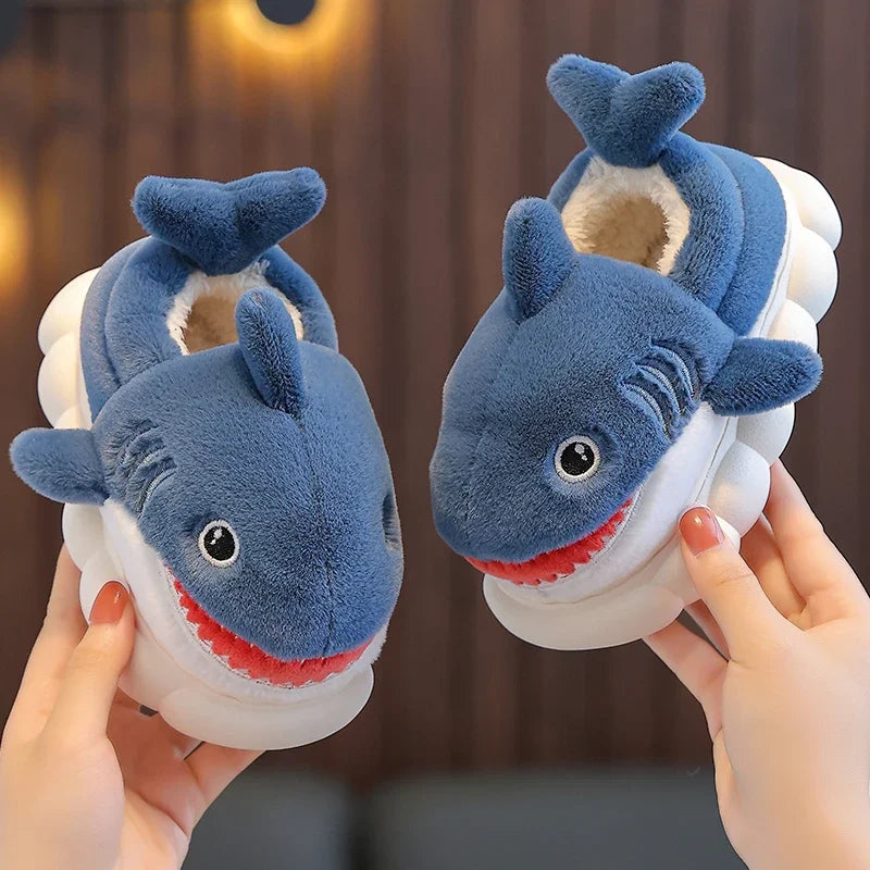 New Winter Wrap Heels Cute Cartoon Shark Cotton Slippers Children's Non-slip Soft For Kids Girls Boys Baby Warm Plush Home Shoes