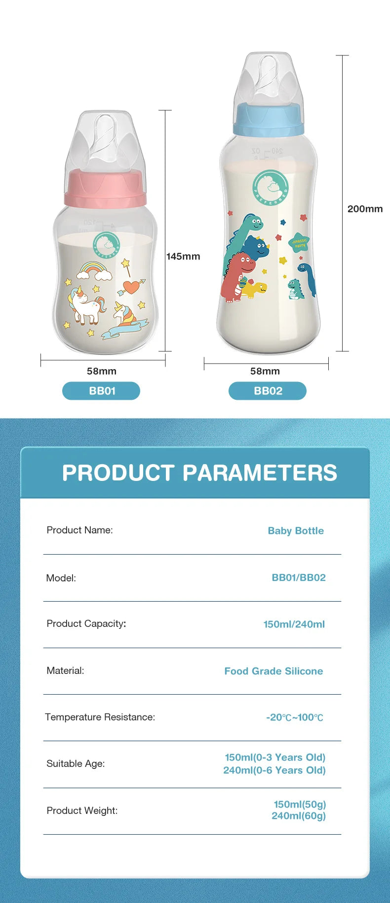 MAMIJOY Baby Bottle Milk Bottle 150/240ml Baby Milk Bottle Silicone Pacifier BPA Free Newborn Baby Bottles BB01