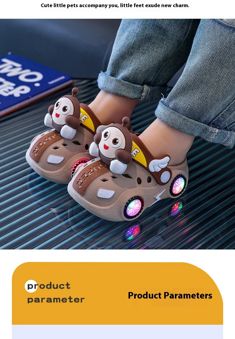 Children's Flashing Light Hole Shoes, Anti Slip Soft Soled Toe Cap Slippers, Cartoon Car Illuminated Slippers for Boys and Girls